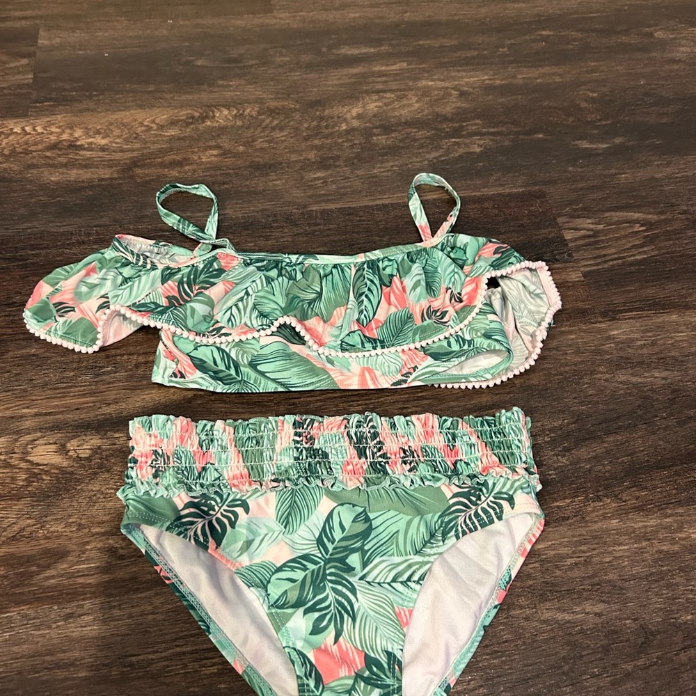 Girls Green Tropical Ruffle Bikini Two-Piece Swim Set